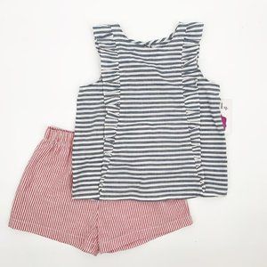 Luli & Me Gabby Girls Size 10 Navy Blue Stripe Ruffle Top with Red Stripe Shorts